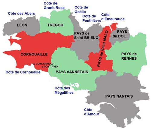 Les peintres en Bretagne - Carte des Côtes et pays - Quimper - Pont-Aven